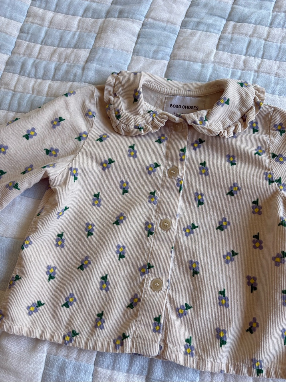Bobo Choses Cream Corduroy Flower Button Up with Ruffle Collar